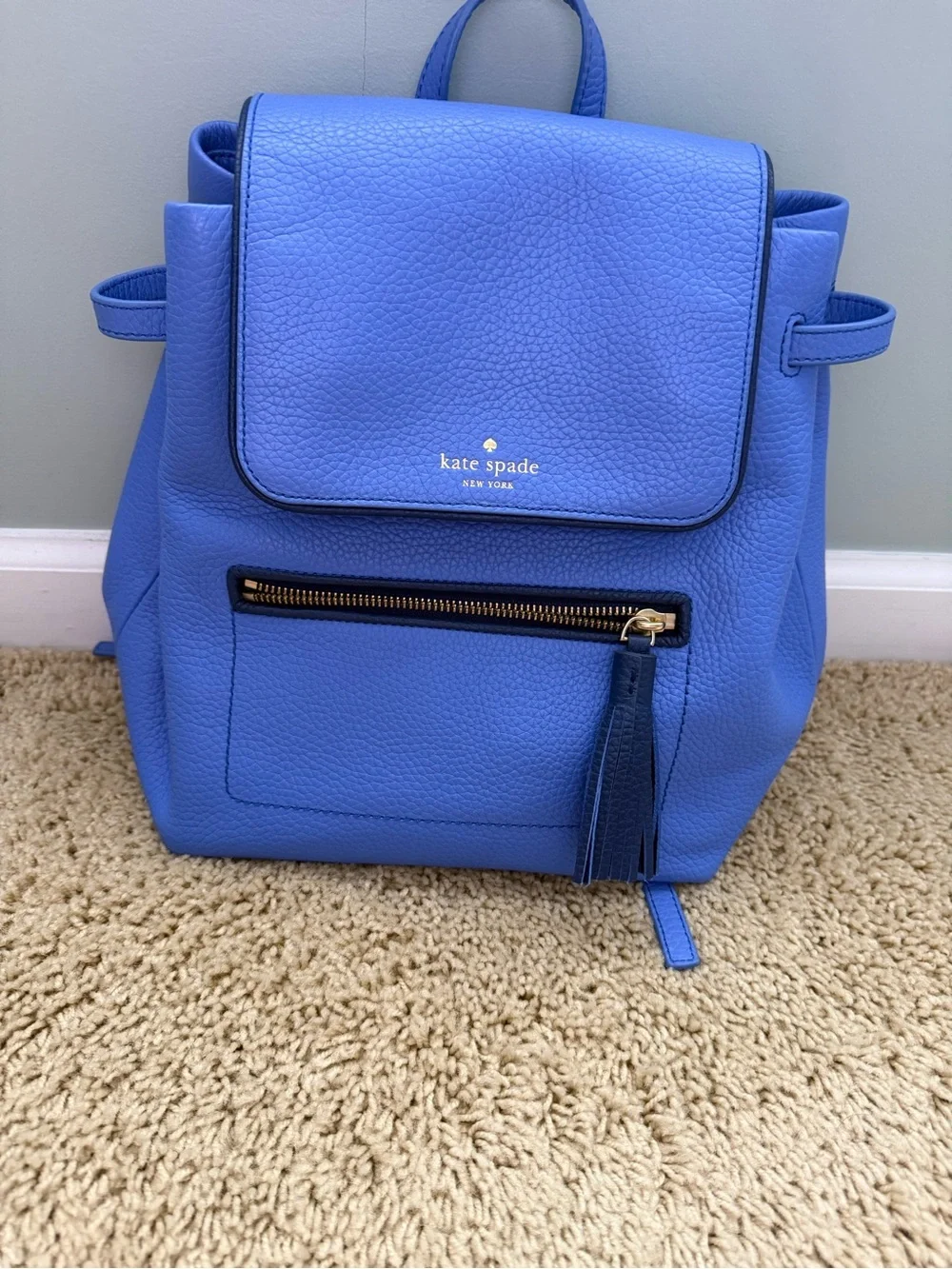 kate spade cobalt blue pebbled leather backpack with tassel